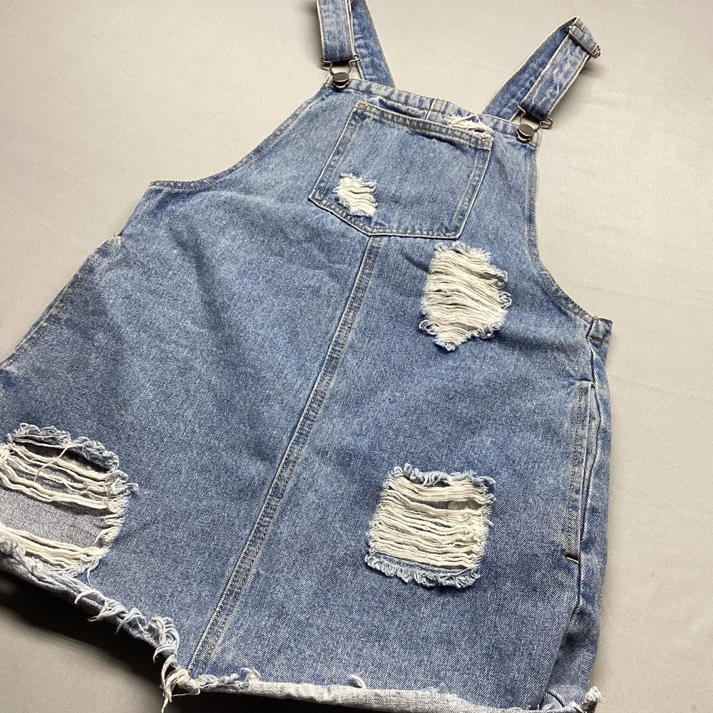 Cello Distressed Denim Overall Dress Womens Small Ripped Frayed Jean Pinafore